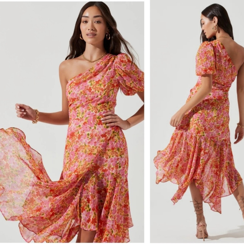 Astr One Shoulder Floral Dress - Pink and Green